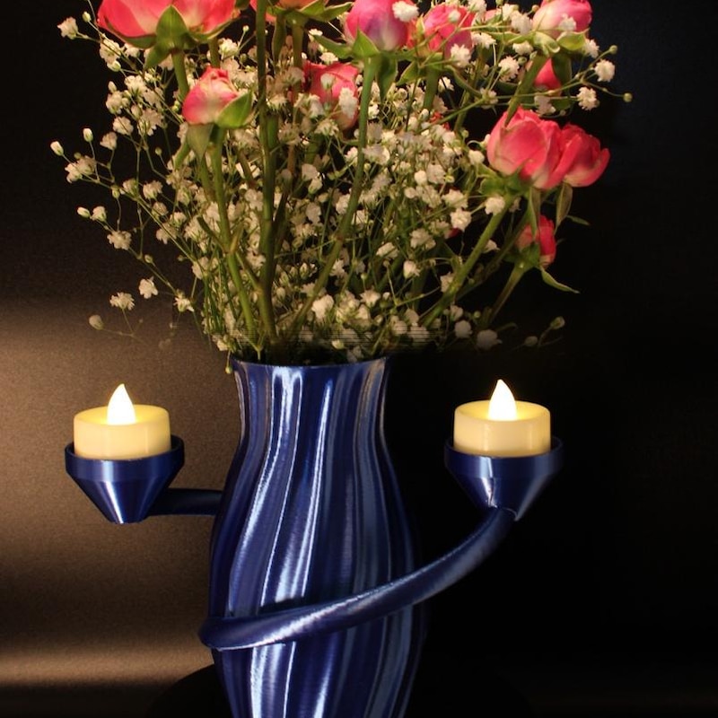 Sculptural Blue Spiral Vase with LED Tea Light Holders | 3D Printed Accent Decor